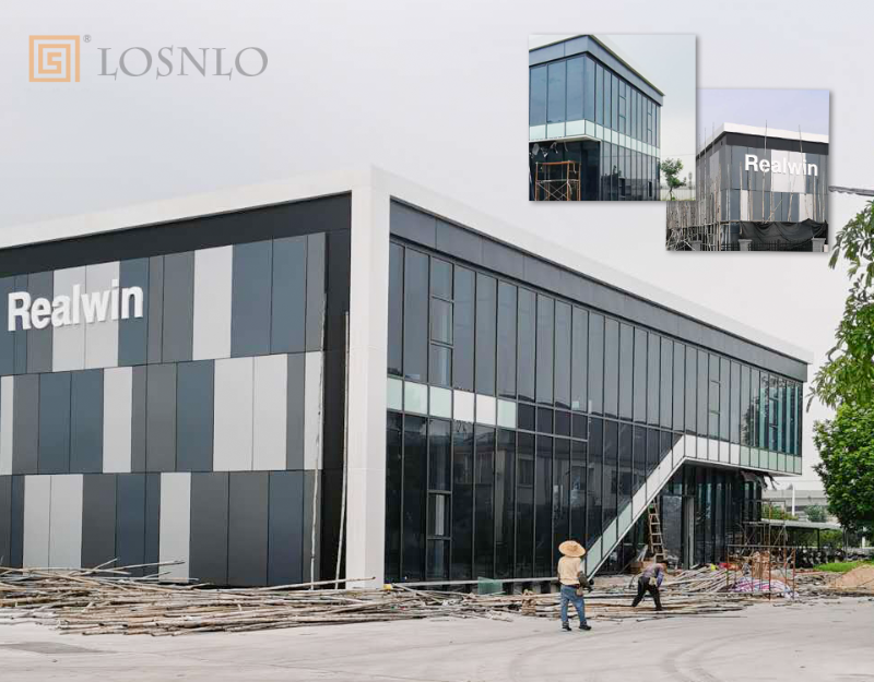 樓上樓高端門窗-江門某不銹鋼公司玻璃、鋁板幕墻工程案例